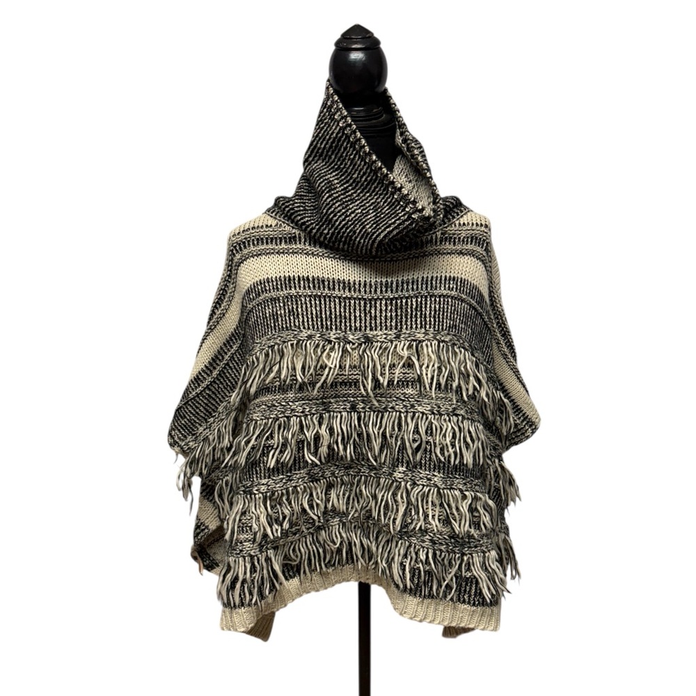 Look By M Black Cream Fringe Poncho Cowl Neck Sweater OS